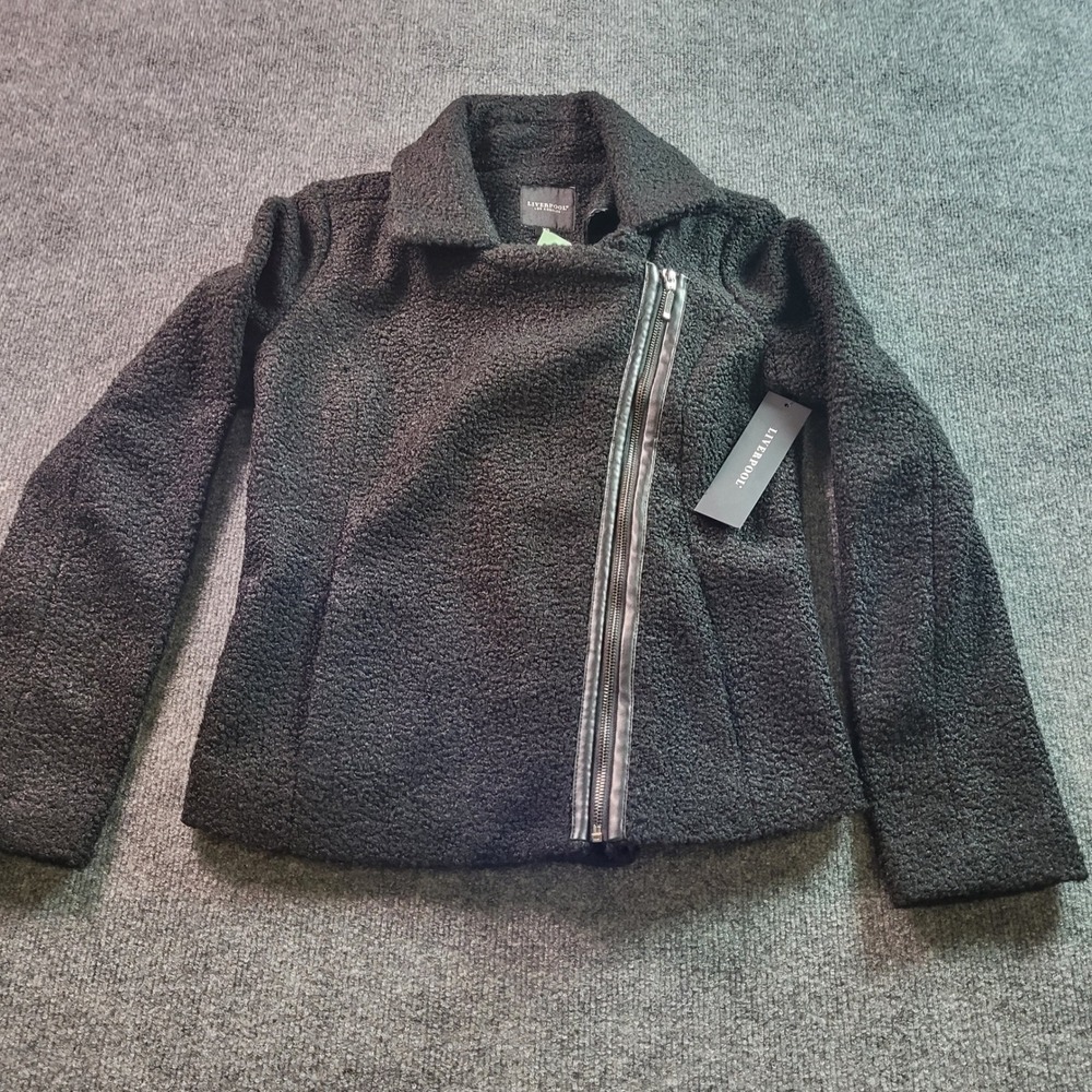 Liverpool Los Angeles XS Black Faux Leather Trim Boucle‎ Moto Jacket
